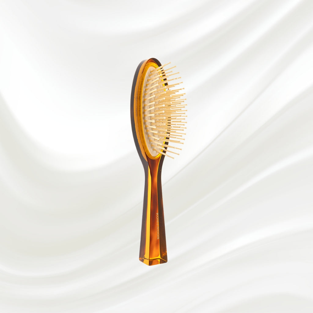 107G KOH-I-NOOR Jaspe small oval hairbrush with brown tortoiseshell acetate handle, and synthetic pins; KOH-I-NOOR's gold logo stamped on the handle