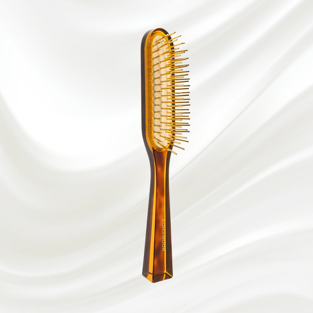 108G KOH-I-NOOR Jaspe rectangular hairbrush with brown tortoiseshell acetate handle, and gold pins; KOH-I-NOOR's gold logo stamped on the handle