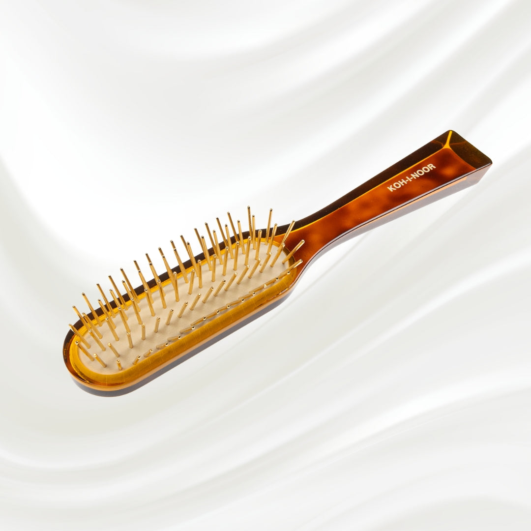 108G KOH-I-NOOR Jaspe rectangular hairbrush with brown tortoiseshell acetate handle, and gold pins; KOH-I-NOOR's gold logo stamped on the handle