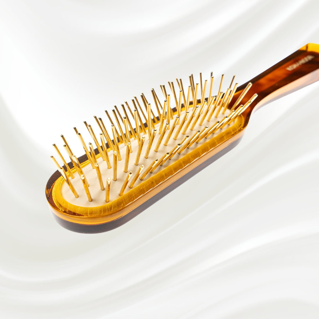 108G KOH-I-NOOR Jaspe rectangular hairbrush with brown tortoiseshell acetate handle, and gold pins; KOH-I-NOOR's gold logo stamped on the handle