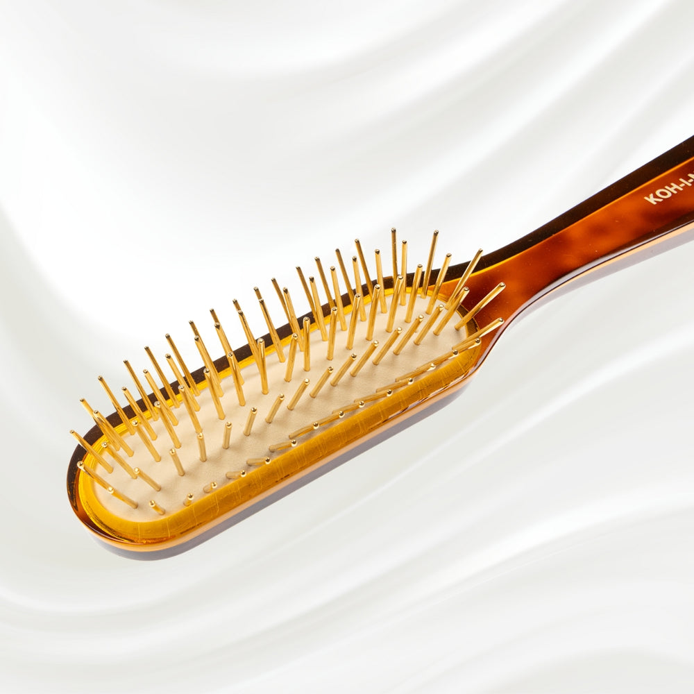 108G KOH-I-NOOR Jaspe rectangular hairbrush with brown tortoiseshell acetate handle, and gold pins; KOH-I-NOOR's gold logo stamped on the handle