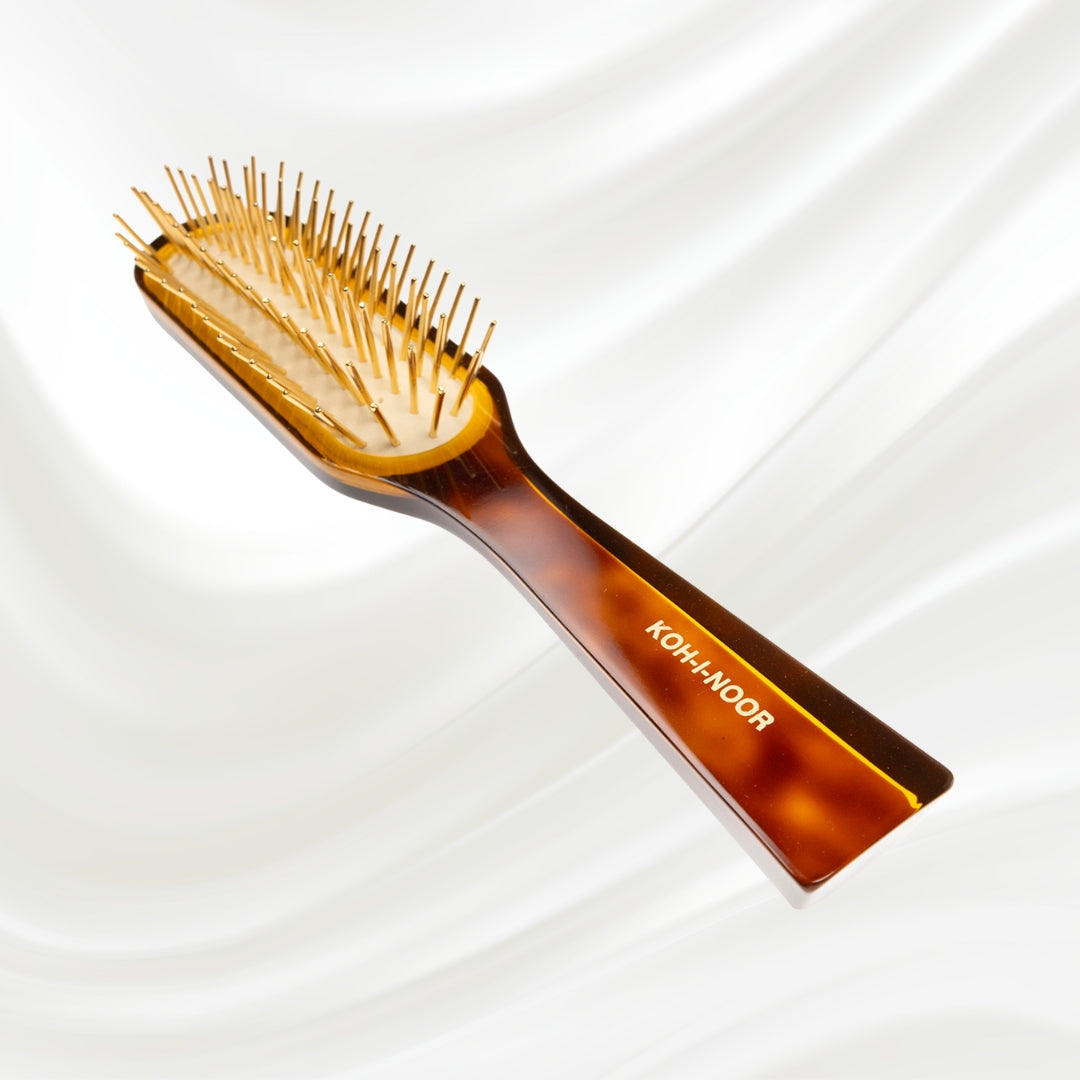 108G KOH-I-NOOR Jaspe rectangular hairbrush with brown tortoiseshell acetate handle, and gold pins; KOH-I-NOOR's gold logo stamped on the handle