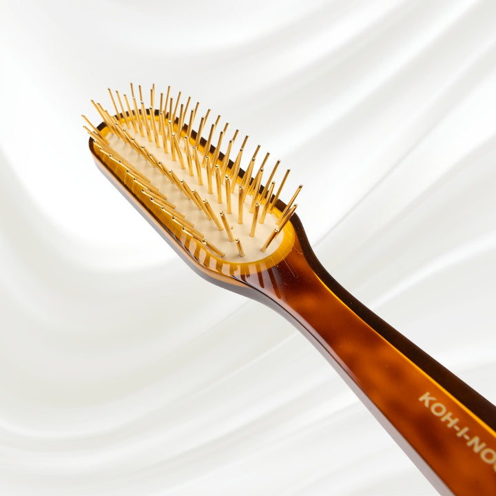 108G KOH-I-NOOR Jaspe rectangular hairbrush with brown tortoiseshell acetate handle, and gold pins; KOH-I-NOOR's gold logo stamped on the handle