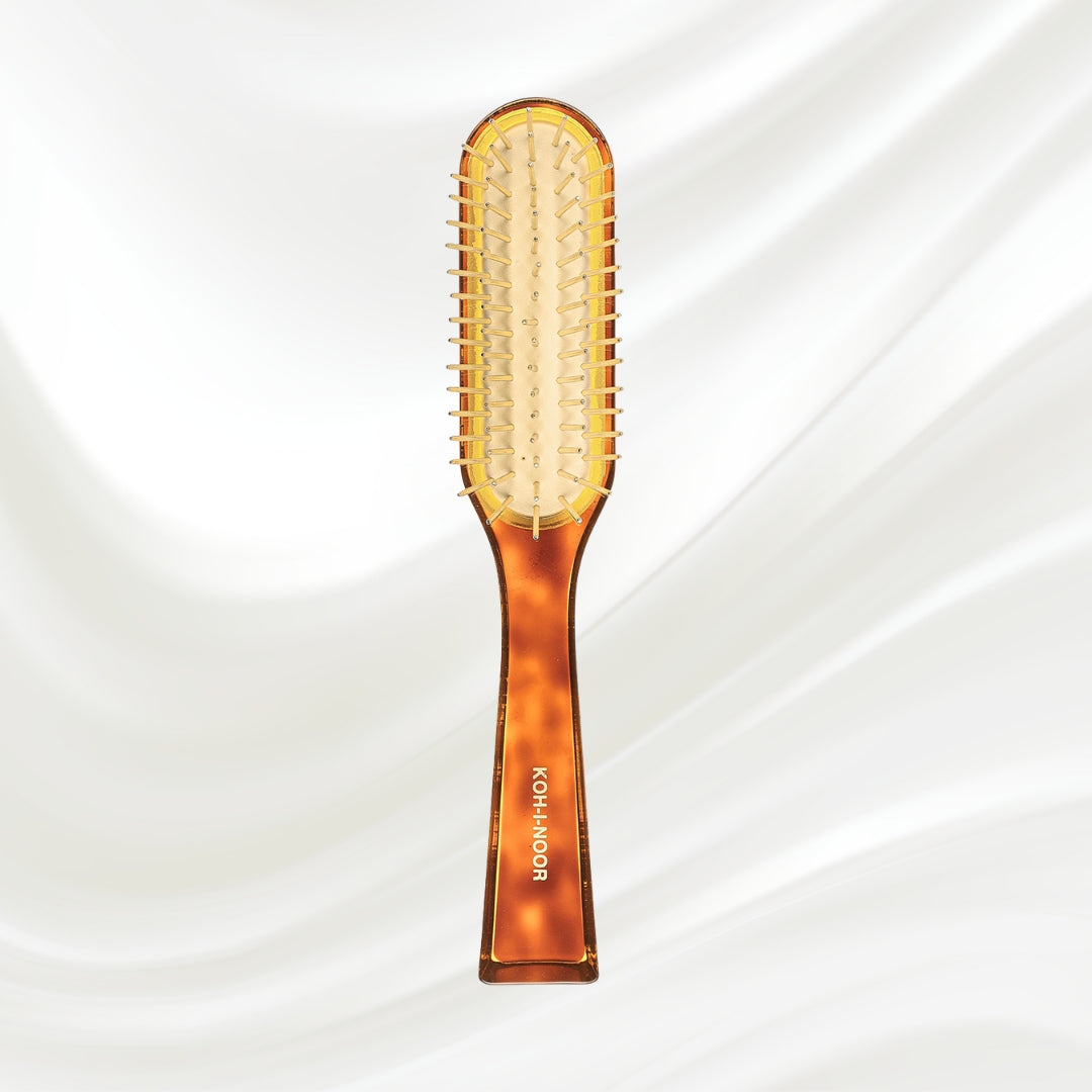 108G KOH-I-NOOR Jaspe rectangular hairbrush with brown tortoiseshell acetate handle, and gold pins; KOH-I-NOOR's gold logo stamped on the handle