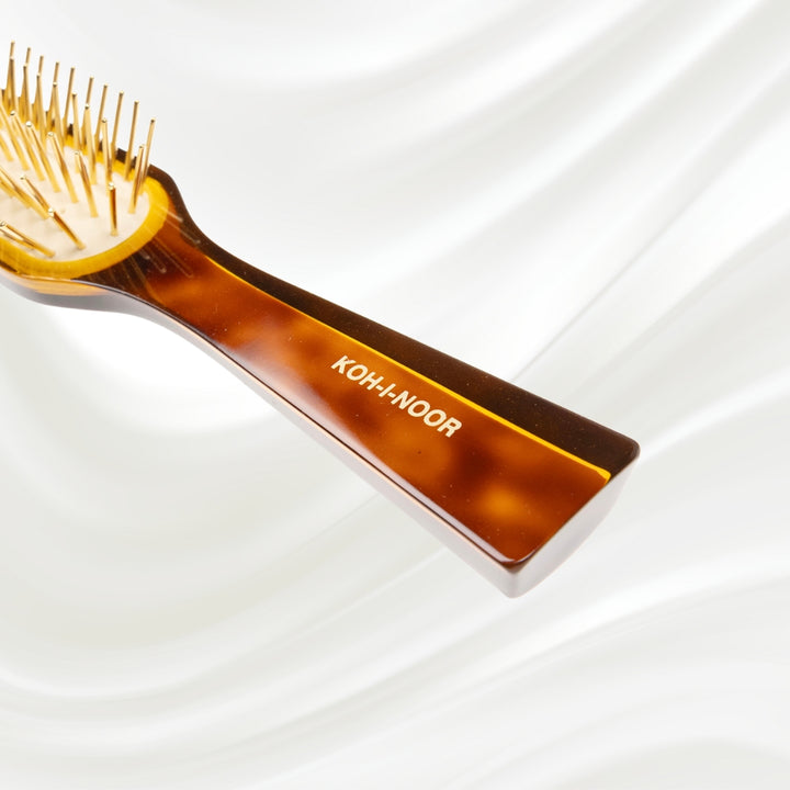 108G KOH-I-NOOR Jaspe rectangular hairbrush with brown tortoiseshell acetate handle, and gold pins; KOH-I-NOOR's gold logo stamped on the handle