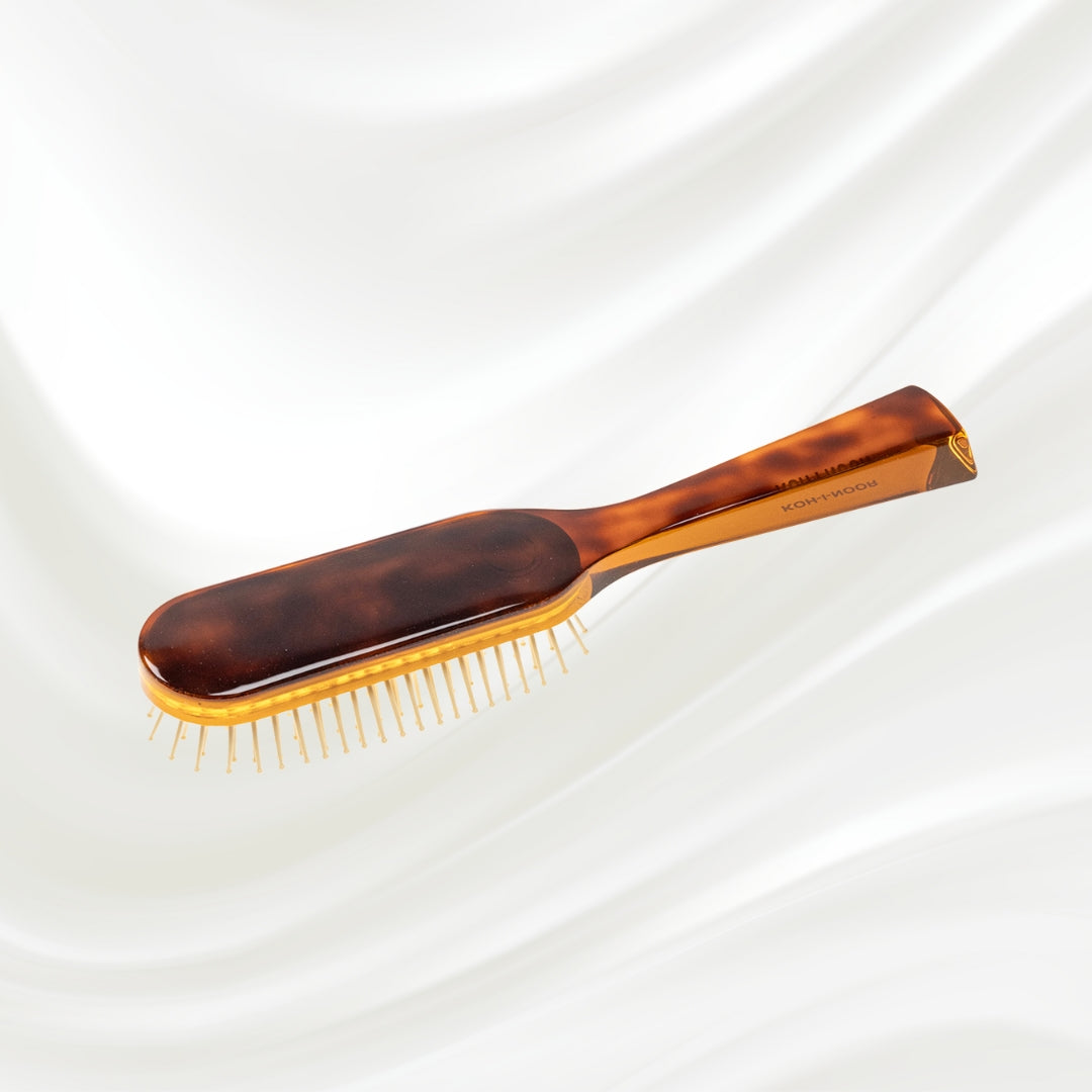 108G KOH-I-NOOR Jaspe rectangular hairbrush with brown tortoiseshell acetate handle, and gold pins; KOH-I-NOOR's gold logo stamped on the handle