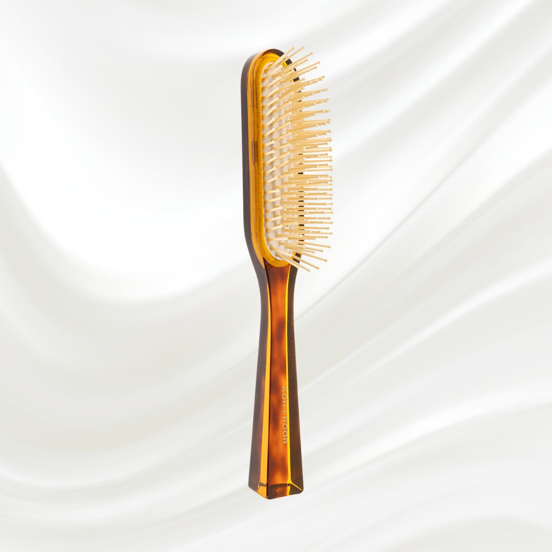 108 KOH-I-NOOR Jaspe rectangular hairbrush with brown tortoiseshell acetate handle, and synthetic pins; KOH-I-NOOR's gold logo stamped on the handle