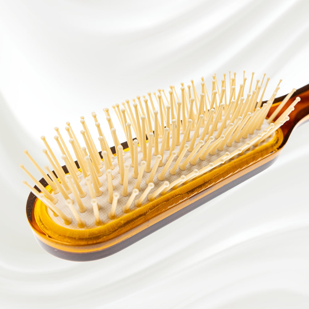 108 KOH-I-NOOR Jaspe rectangular hairbrush with brown tortoiseshell acetate handle, and synthetic pins; KOH-I-NOOR's gold logo stamped on the handle