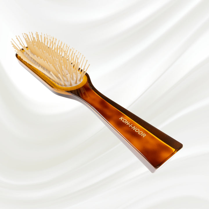 108 KOH-I-NOOR Jaspe rectangular hairbrush with brown tortoiseshell acetate handle, and synthetic pins; KOH-I-NOOR's gold logo stamped on the handle