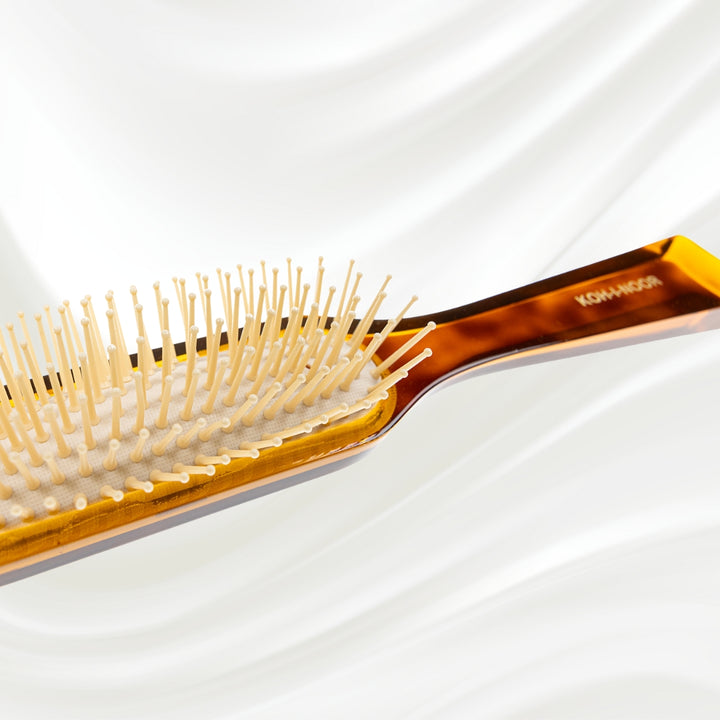 108 KOH-I-NOOR Jaspe rectangular hairbrush with brown tortoiseshell acetate handle, and synthetic pins; KOH-I-NOOR's gold logo stamped on the handle