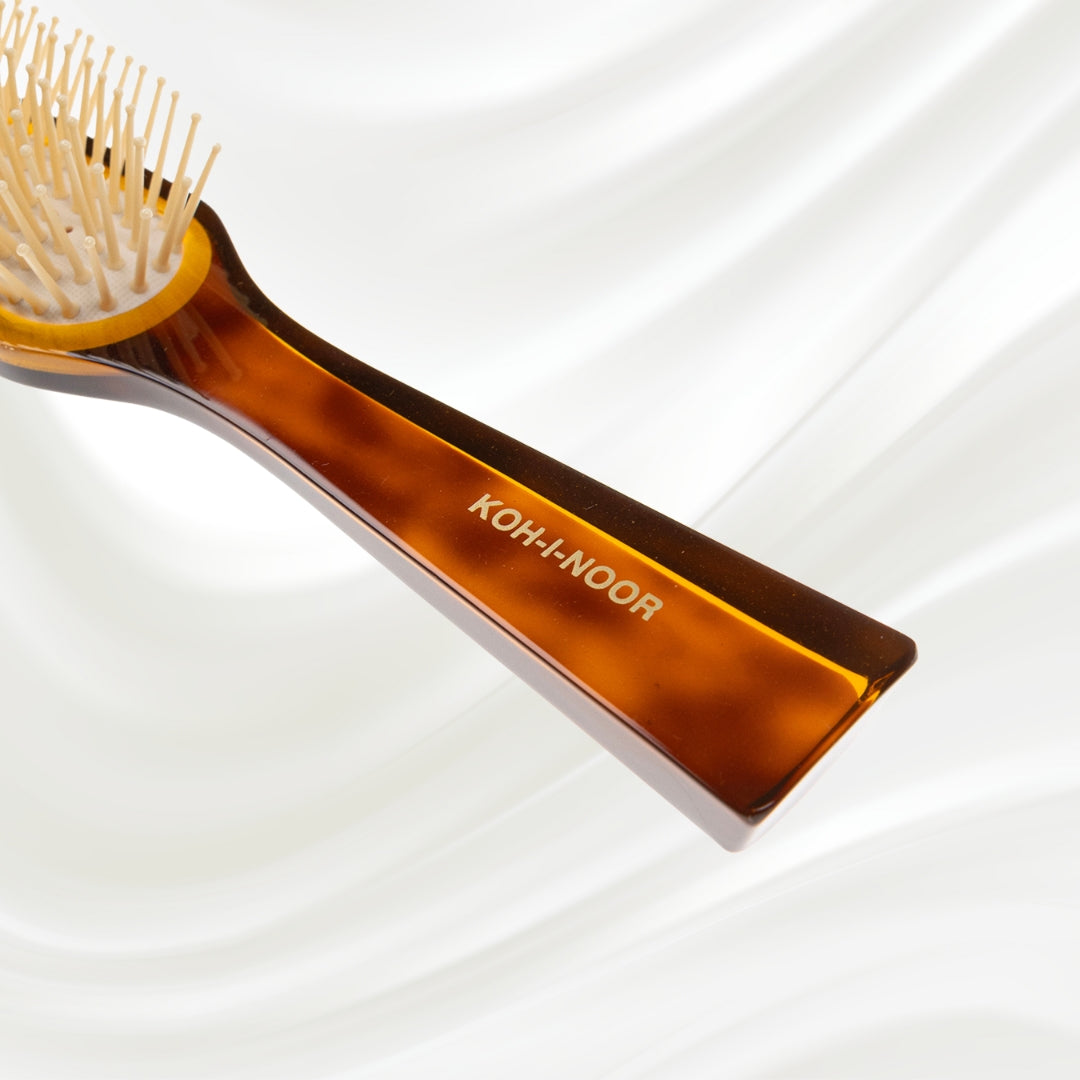 108 KOH-I-NOOR Jaspe rectangular hairbrush with brown tortoiseshell acetate handle, and synthetic pins; KOH-I-NOOR's gold logo stamped on the handle