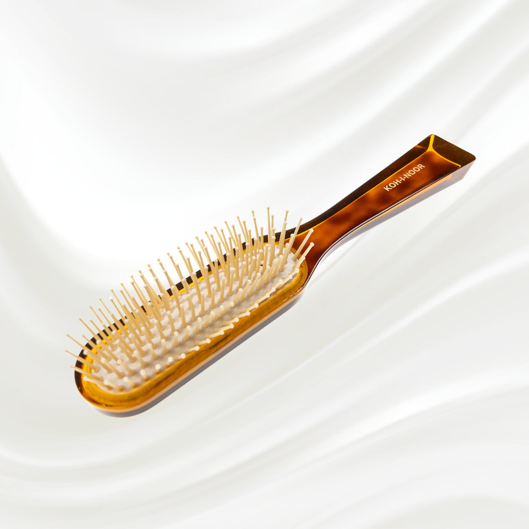 108 KOH-I-NOOR Jaspe rectangular hairbrush with brown tortoiseshell acetate handle, and synthetic pins; KOH-I-NOOR's gold logo stamped on the handle