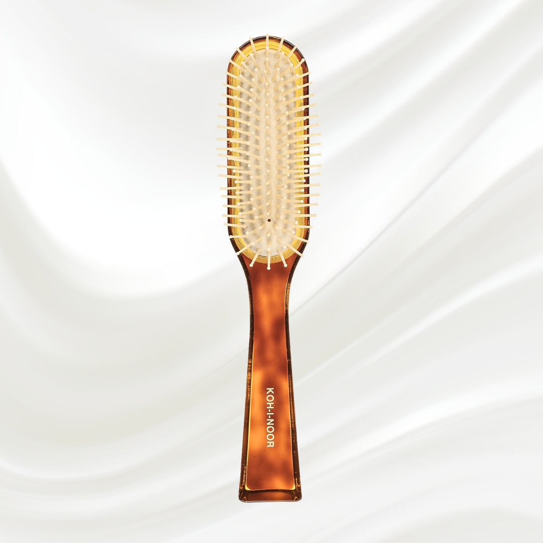 108 KOH-I-NOOR Jaspe rectangular hairbrush with brown tortoiseshell acetate handle, and synthetic pins; KOH-I-NOOR's gold logo stamped on the handle