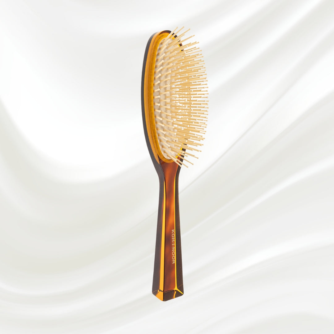 109 KOH-I-NOOR Jaspe large oval hairbrush with brown tortoiseshell acetate handle, and synthetic pins; KOH-I-NOOR's gold logo stamped on the handle