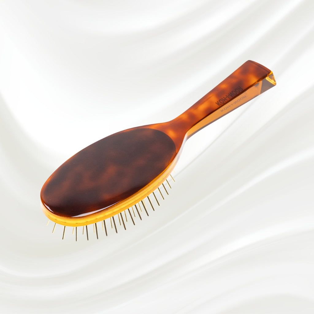 109 KOH-I-NOOR Jaspe large oval hairbrush with brown tortoiseshell acetate handle, and synthetic pins; KOH-I-NOOR's gold logo stamped on the handle