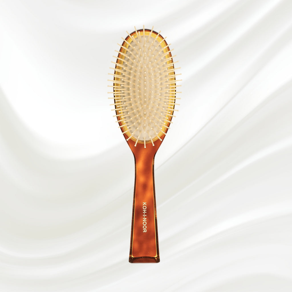 109 KOH-I-NOOR Jaspe large oval hairbrush with brown tortoiseshell acetate handle, and synthetic pins; KOH-I-NOOR's gold logo stamped on the handle