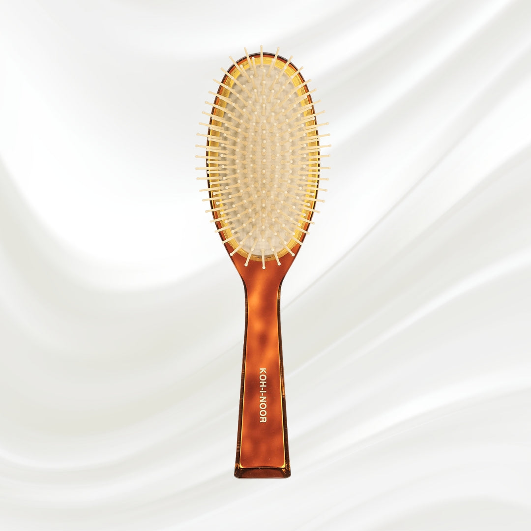 109 KOH-I-NOOR Jaspe large oval hairbrush with brown tortoiseshell acetate handle, and synthetic pins; KOH-I-NOOR's gold logo stamped on the handle