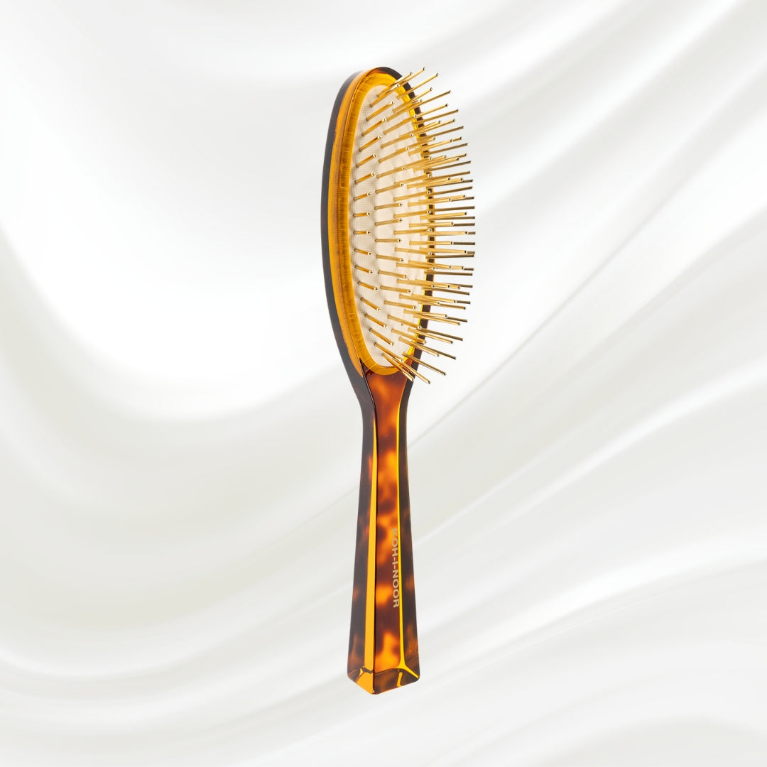 109G KOH-I-NOOR Jaspe large oval hairbrush with brown tortoiseshell acetate handle, and gold pins; KOH-I-NOOR's gold logo stamped on the handle