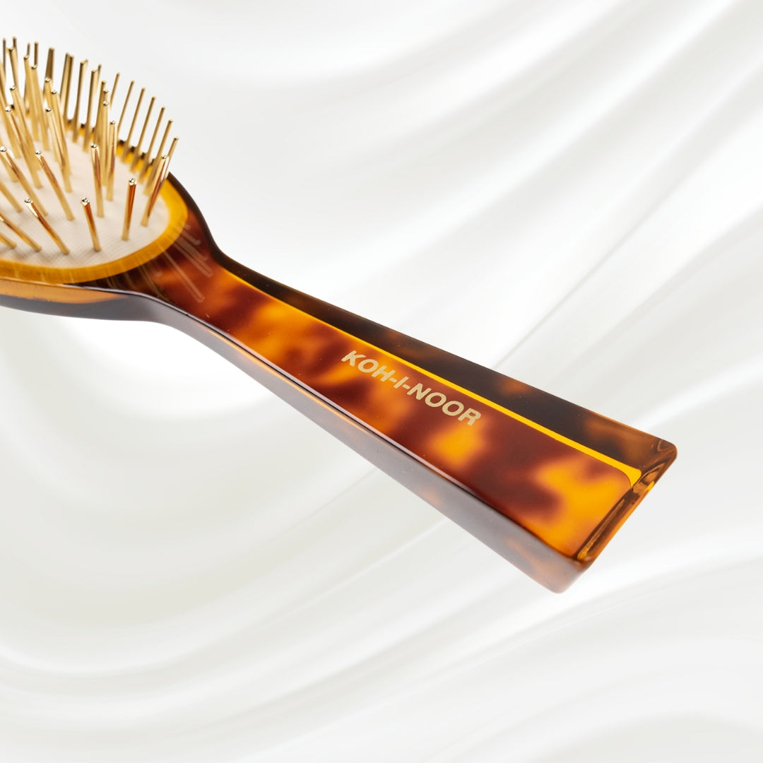 109G KOH-I-NOOR Jaspe large oval hairbrush with brown tortoiseshell acetate handle, and gold pins; KOH-I-NOOR's gold logo stamped on the handle