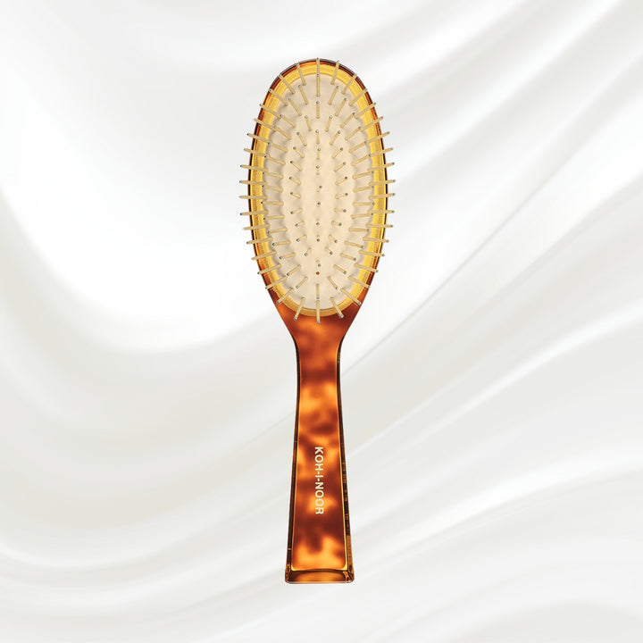 110C KOH-I-NOOR Jaspe large oval hairbrush with brown tortoiseshell acetate handle, and gold pins; KOH-I-NOOR's gold logo stamped on the handle