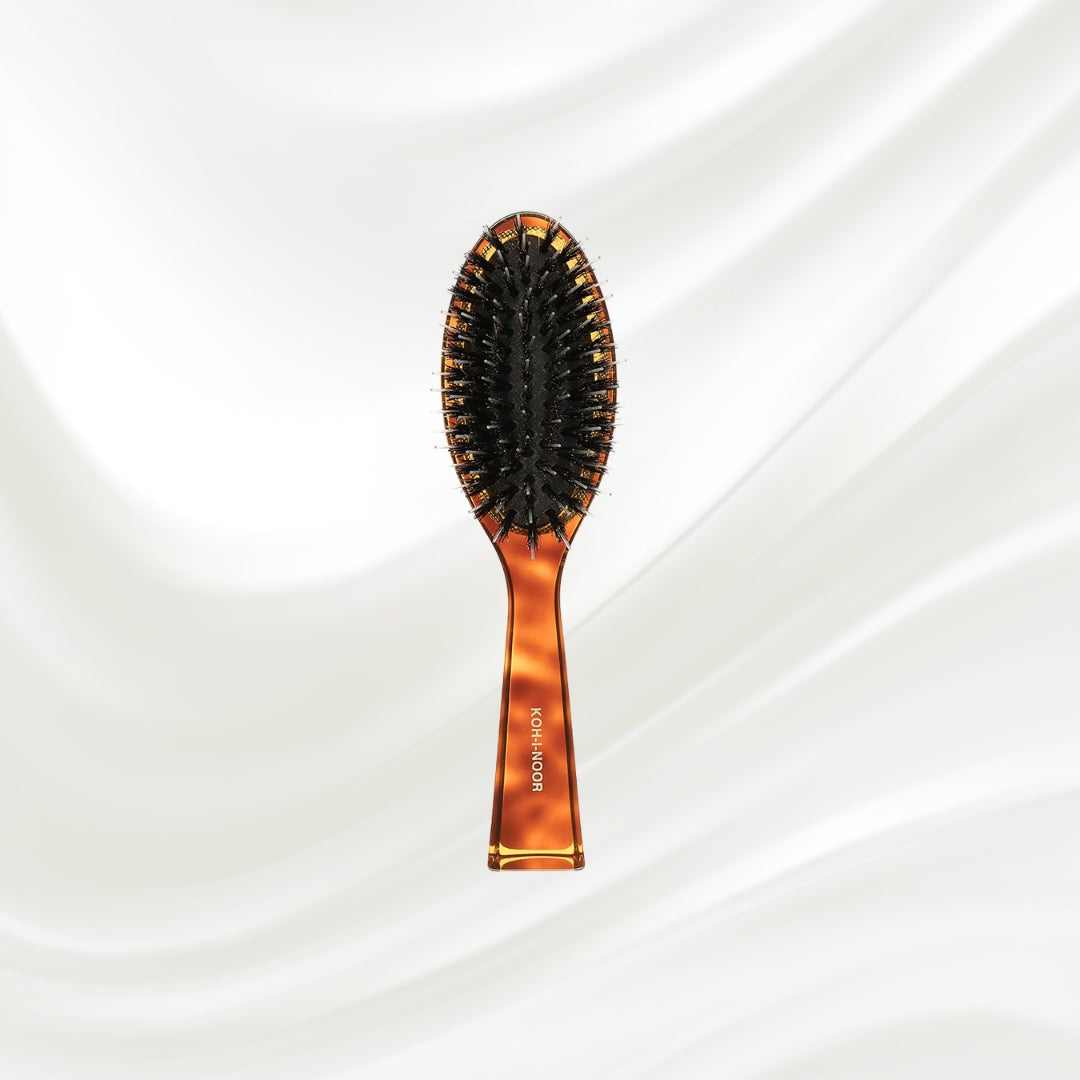 120 KOH-I-NOOR Jaspe small oval hairbrush with brown tortoiseshell acetate handle, black boar bristles and nylon pins; KOH-I-NOOR's gold logo stamped on the handle