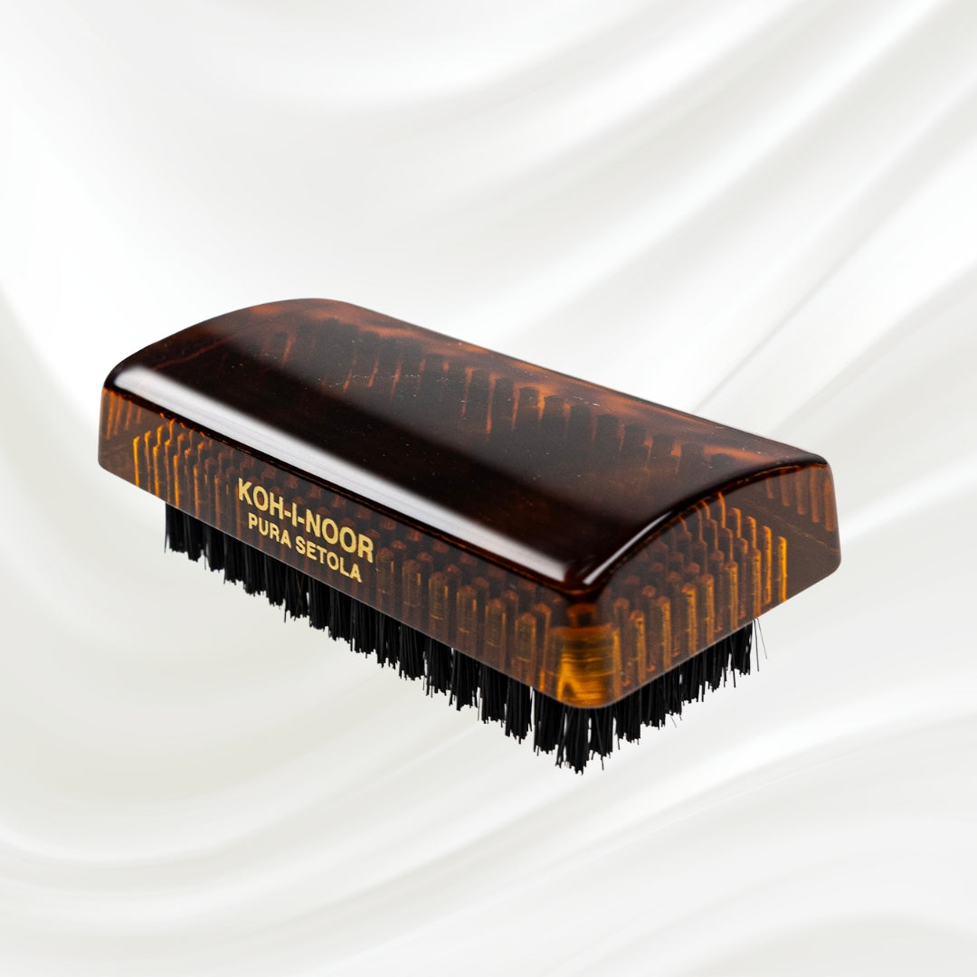 208 KOH-I-NOOR single side rectangular nail brush with brown tortoiseshell handle and black boar bristles; gold KOH-I-NOOR logo stamped on the front