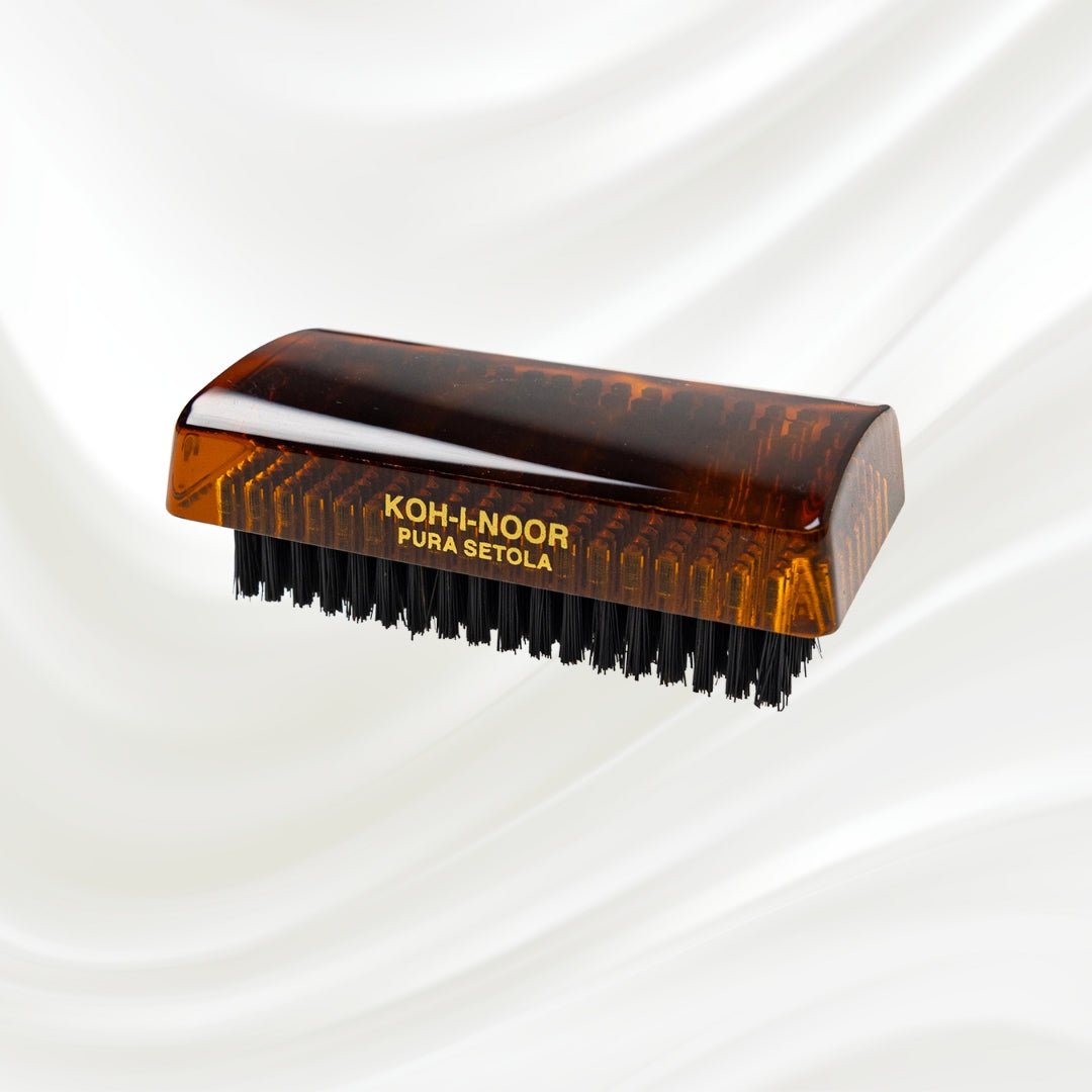 208 KOH-I-NOOR single side rectangular nail brush with brown tortoiseshell handle and black boar bristles; gold KOH-I-NOOR logo stamped on the front