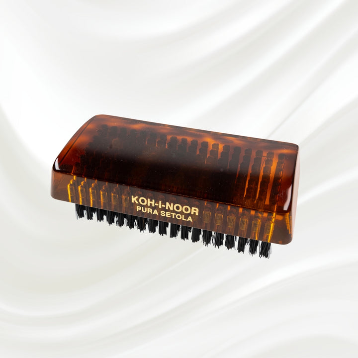 208 KOH-I-NOOR single side rectangular nail brush with brown tortoiseshell handle and black boar bristles; gold KOH-I-NOOR logo stamped on the front