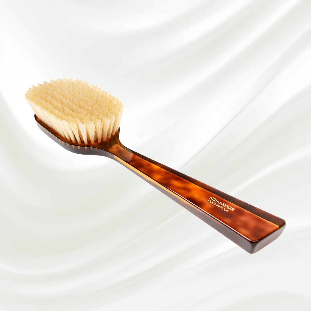 KOH-I-NOOR bath brush 294 with long brown tortoiseshell acetate handle and white natural bristles; gold stamped logo on the handle