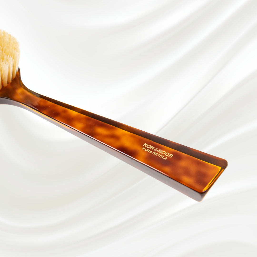 KOH-I-NOOR bath brush 294 with long brown tortoiseshell acetate handle and white natural bristles; gold stamped logo on the handle