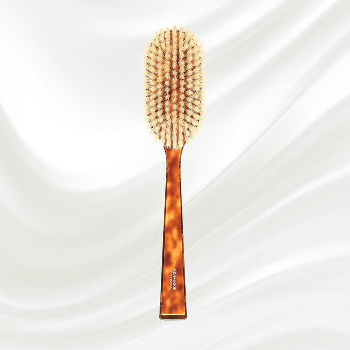 KOH-I-NOOR bath brush 294 with long brown tortoiseshell acetate handle and white natural bristles; gold stamped logo on the handle