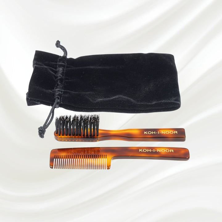 Ensemble brosse et peigne en poils de sanglier pour moustache et barbe Jaspè