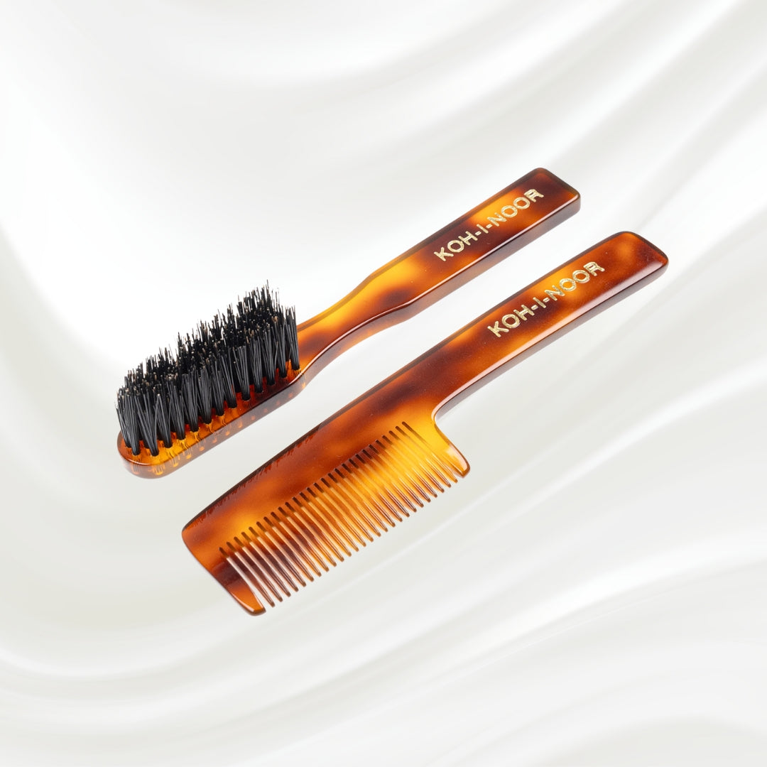 Ensemble brosse et peigne en poils de sanglier pour moustache et barbe Jaspè