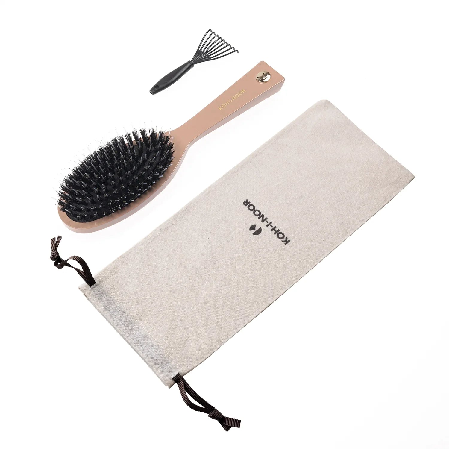 Hairbrush and small brush with a branded pouch on a white background