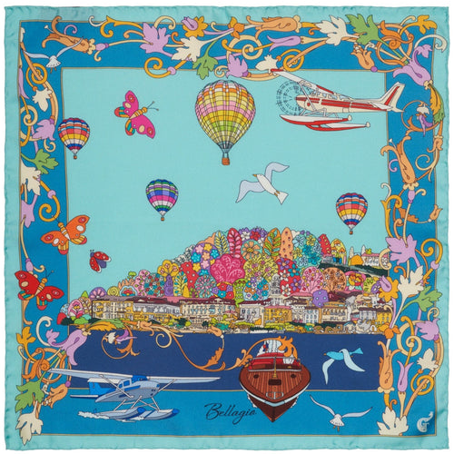 blue silk scarf with colourful design depicting the town of Bellagio